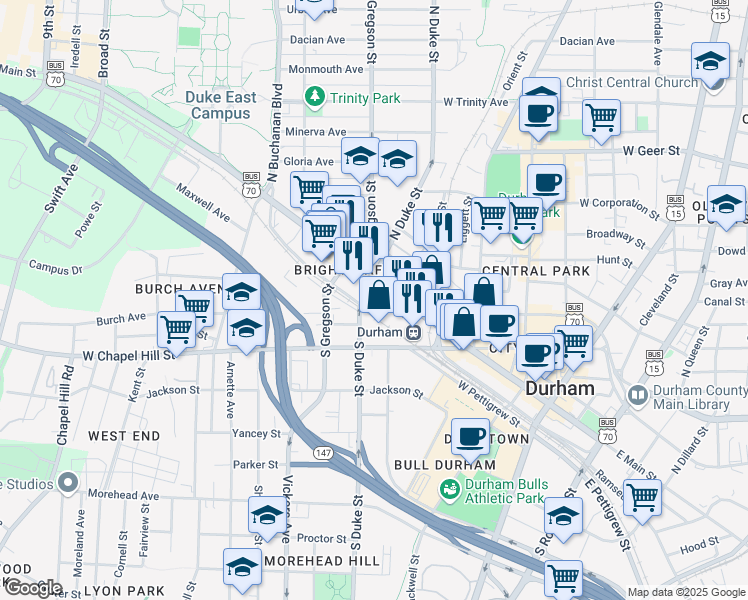 map of restaurants, bars, coffee shops, grocery stores, and more near 605 West Main Street in Durham