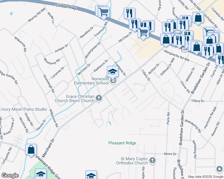 map of restaurants, bars, coffee shops, grocery stores, and more near 1910 Merchant Drive in Knoxville