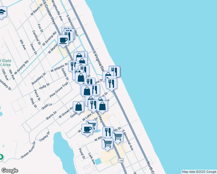 map of restaurants, bars, coffee shops, grocery stores, and more near 1712 South Virginia Dare Trail in Kill Devil Hills