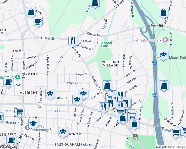 map of restaurants, bars, coffee shops, grocery stores, and more near 1238 North Miami Boulevard in Durham