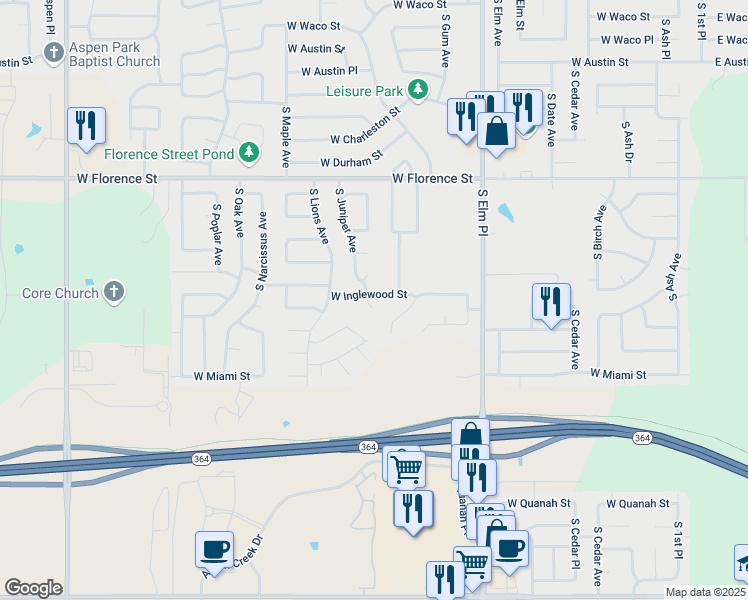 map of restaurants, bars, coffee shops, grocery stores, and more near 5307 South Juniper Avenue in Broken Arrow