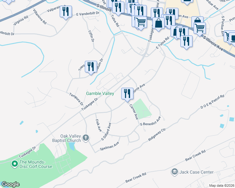 map of restaurants, bars, coffee shops, grocery stores, and more near 121 Houston Avenue in Oak Ridge