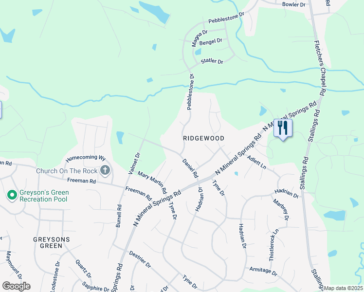 map of restaurants, bars, coffee shops, grocery stores, and more near 107 Pebblestone Drive in Durham