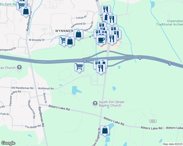 map of restaurants, bars, coffee shops, grocery stores, and more near 201 Village Loop Road in Greensboro