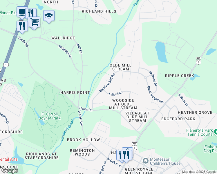 map of restaurants, bars, coffee shops, grocery stores, and more near 1006 Barnford Mill Road in Wake Forest