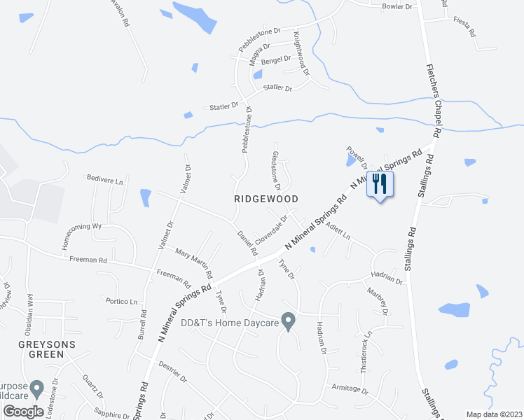 map of restaurants, bars, coffee shops, grocery stores, and more near 17 Ledgerock Way in Durham