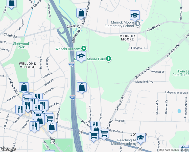 map of restaurants, bars, coffee shops, grocery stores, and more near 521 North Hoover Road in Durham