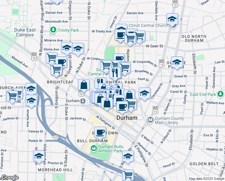 map of restaurants, bars, coffee shops, grocery stores, and more near 320 West Morgan Street in Durham
