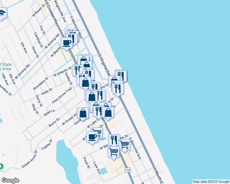 map of restaurants, bars, coffee shops, grocery stores, and more near 1618-1702 South Virginia Dare Trail in Kill Devil Hills