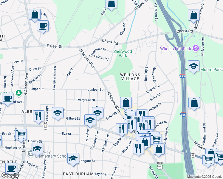 map of restaurants, bars, coffee shops, grocery stores, and more near 1606 Juniper Street in Durham