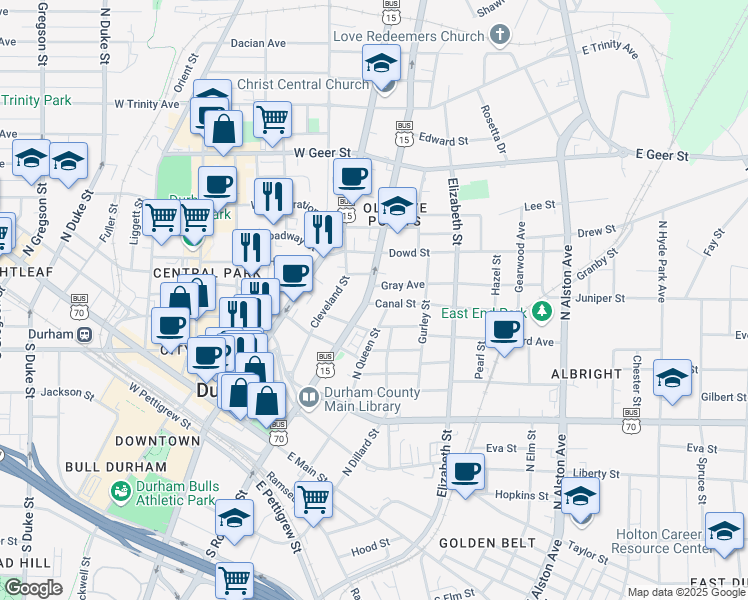 map of restaurants, bars, coffee shops, grocery stores, and more near 700 North Roxboro Street in Durham
