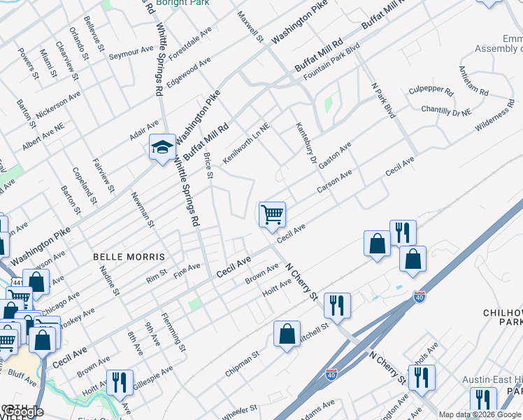 map of restaurants, bars, coffee shops, grocery stores, and more near 2117 Citrus Street in Knoxville
