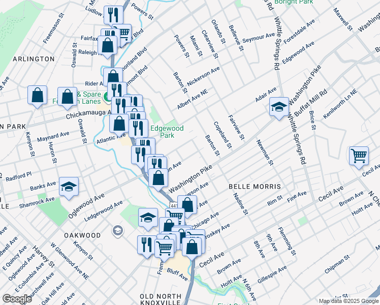 map of restaurants, bars, coffee shops, grocery stores, and more near 1611 Branson Avenue in Knoxville
