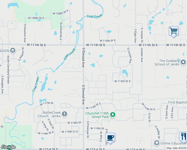 map of restaurants, bars, coffee shops, grocery stores, and more near 11401-11823 South Elwood Avenue in Jenks