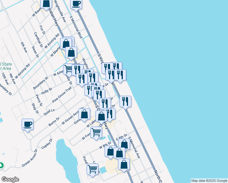 map of restaurants, bars, coffee shops, grocery stores, and more near 1712 South Virginia Dare Trail in Kill Devil Hills