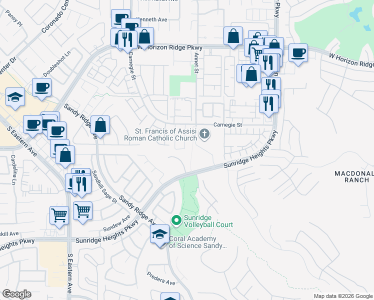map of restaurants, bars, coffee shops, grocery stores, and more near 796 Valley Rise Drive in Henderson