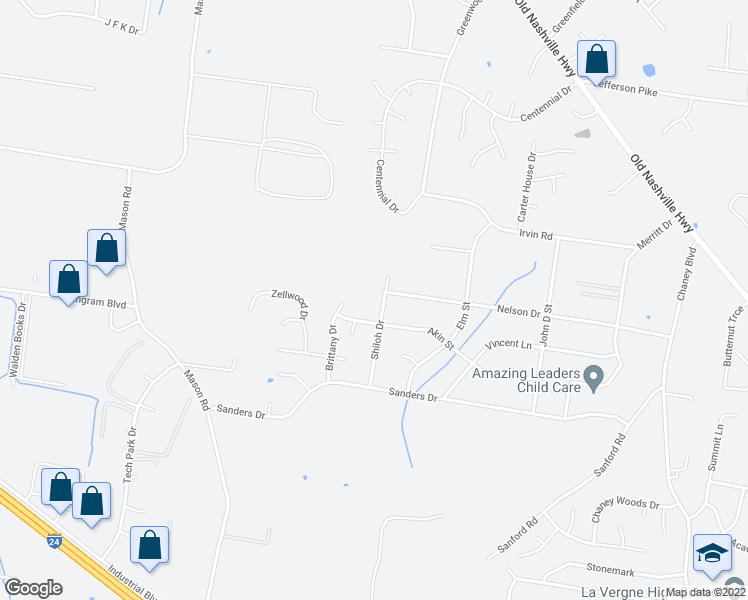 map of restaurants, bars, coffee shops, grocery stores, and more near 166 Shiloh Drive in La Vergne