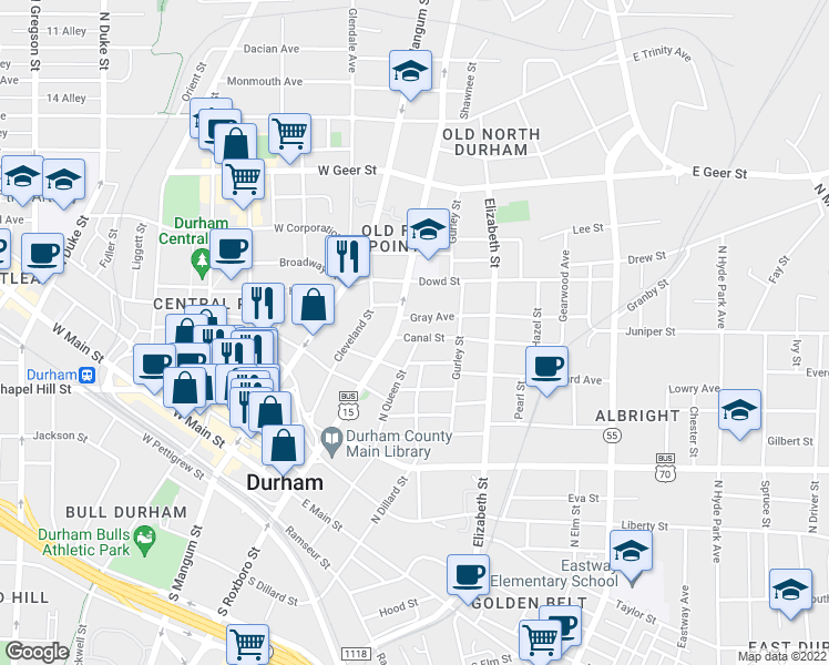 map of restaurants, bars, coffee shops, grocery stores, and more near 309 Canal Street in Durham