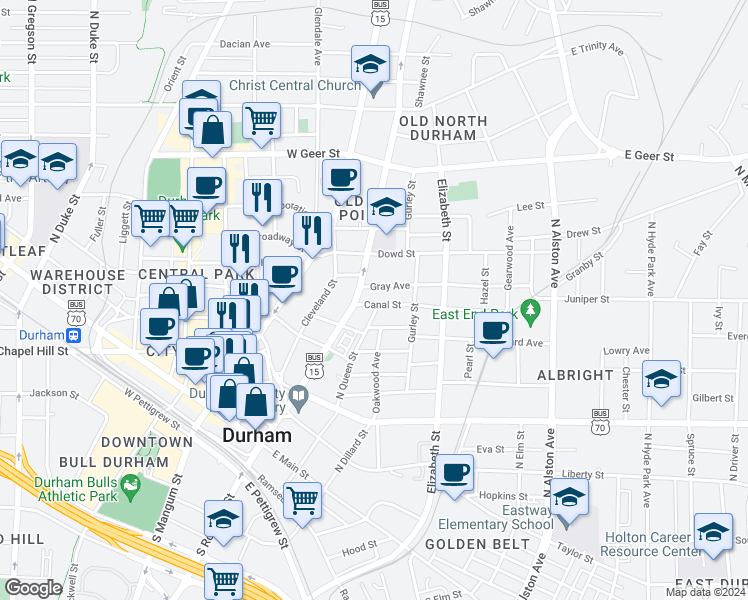 map of restaurants, bars, coffee shops, grocery stores, and more near 309 Canal Street in Durham