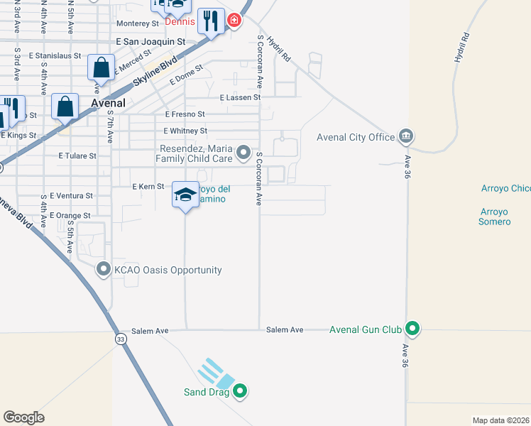 map of restaurants, bars, coffee shops, grocery stores, and more near 1105 East Orange Street in Avenal