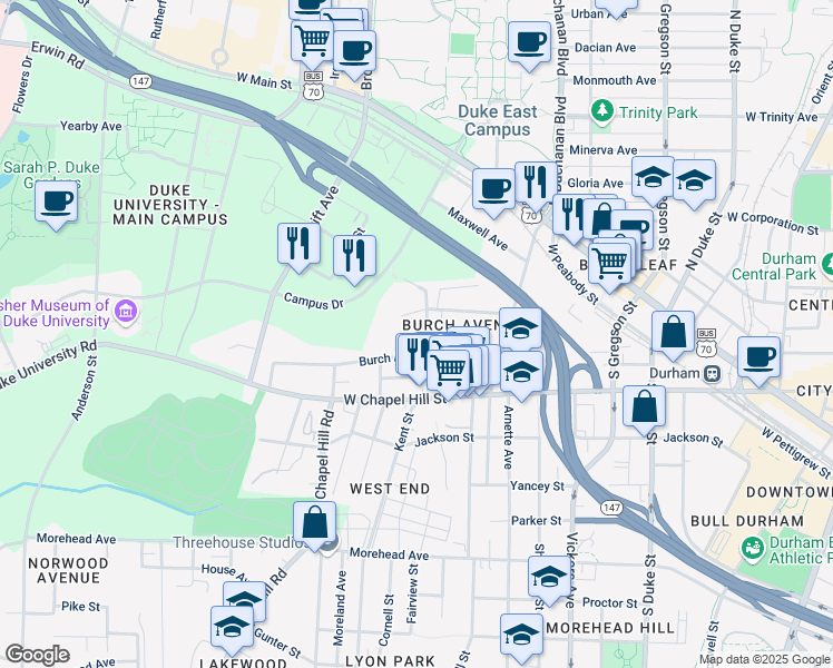 map of restaurants, bars, coffee shops, grocery stores, and more near 514 Gattis Street in Durham