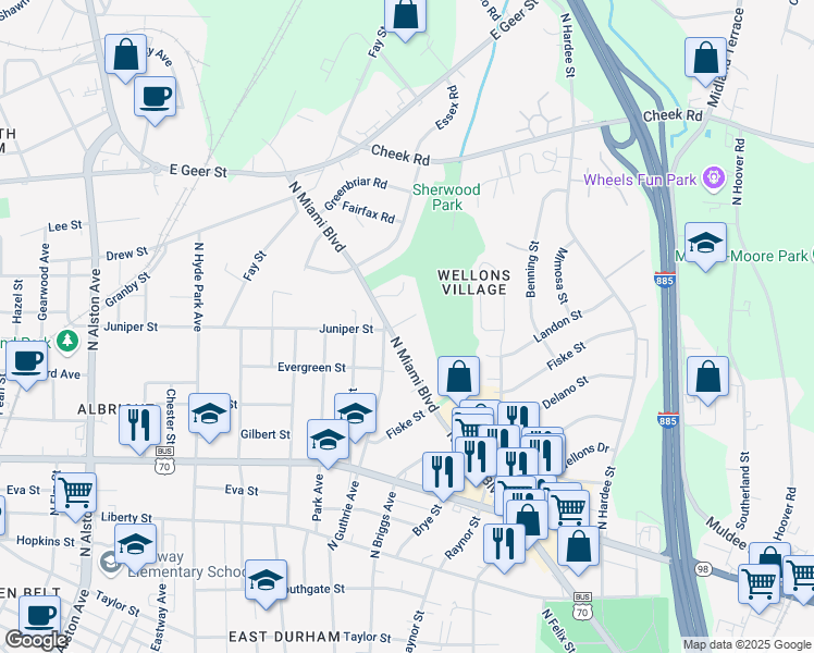 map of restaurants, bars, coffee shops, grocery stores, and more near 1606 Juniper Street in Durham
