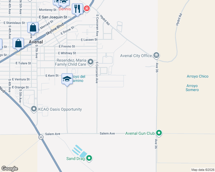 map of restaurants, bars, coffee shops, grocery stores, and more near 1133 East Orange Street in Avenal