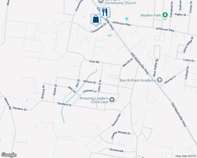 map of restaurants, bars, coffee shops, grocery stores, and more near 174 Nelson Drive in La Vergne
