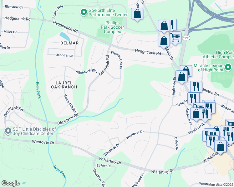 map of restaurants, bars, coffee shops, grocery stores, and more near 5812 Election Oak Drive in High Point