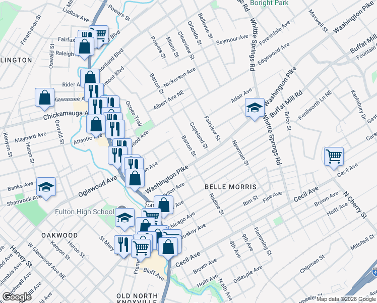 map of restaurants, bars, coffee shops, grocery stores, and more near 2620 Glenview Drive Northeast in Knoxville