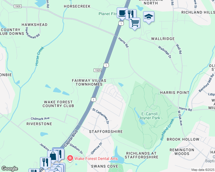 map of restaurants, bars, coffee shops, grocery stores, and more near 13120 Capital Boulevard in Wake Forest