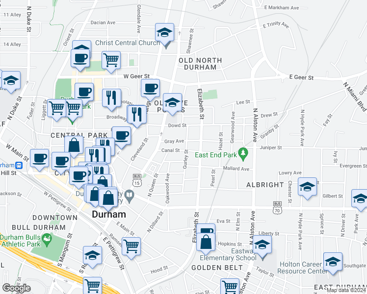 map of restaurants, bars, coffee shops, grocery stores, and more near in Durham