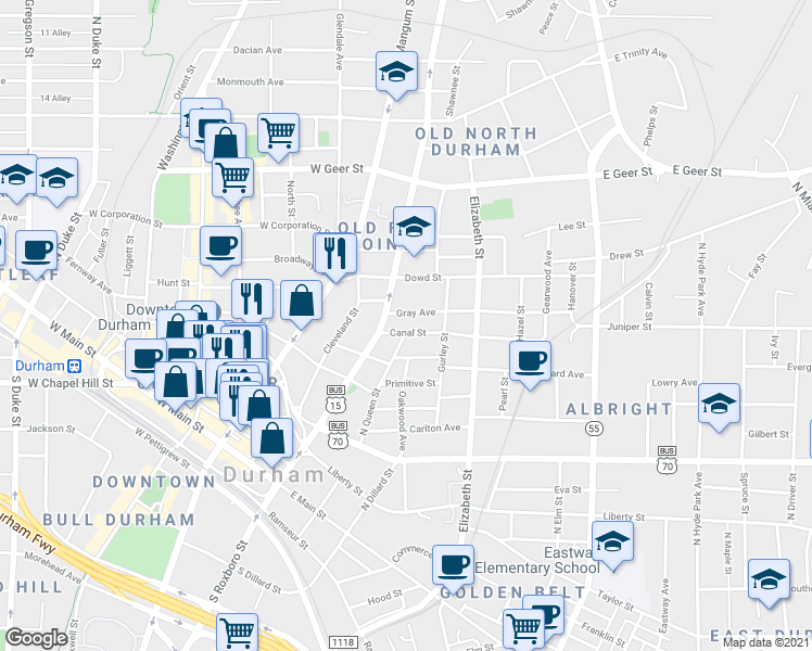 map of restaurants, bars, coffee shops, grocery stores, and more near 700 North Roxboro Street in Durham
