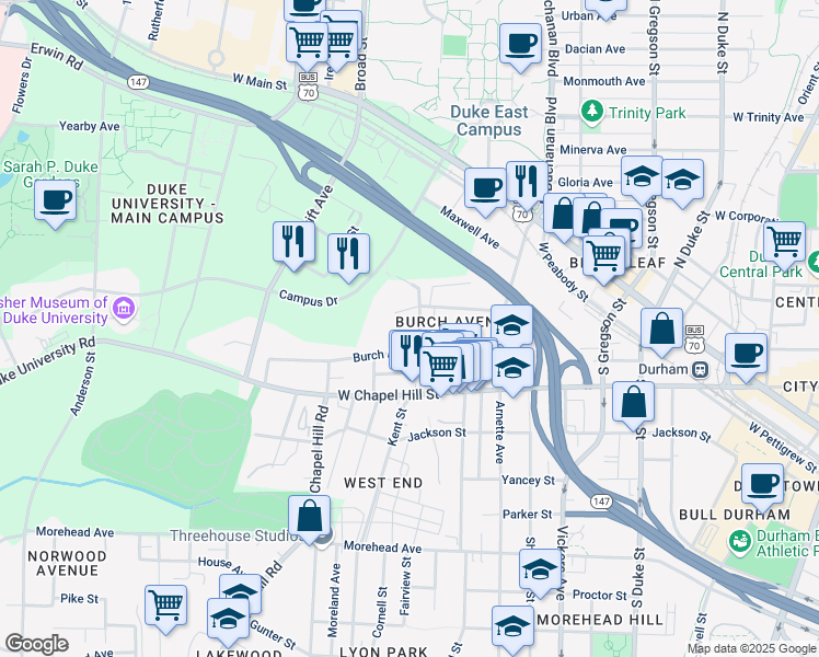 map of restaurants, bars, coffee shops, grocery stores, and more near 514 Gattis Street in Durham