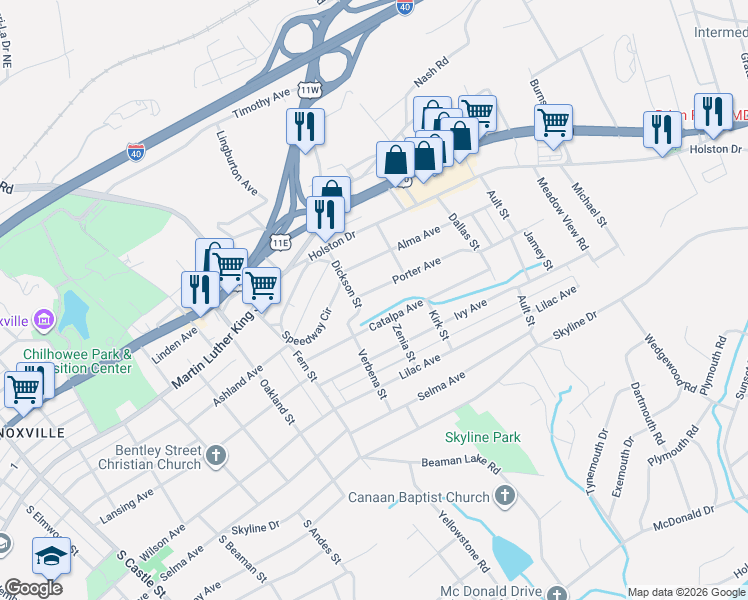 map of restaurants, bars, coffee shops, grocery stores, and more near 3835 Catalpa Avenue in Knoxville