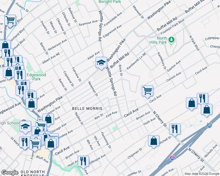 map of restaurants, bars, coffee shops, grocery stores, and more near 2311 Whittle Springs Road in Knoxville
