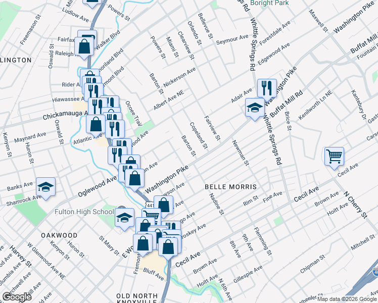 map of restaurants, bars, coffee shops, grocery stores, and more near 2620 Glenview Drive Northeast in Knoxville