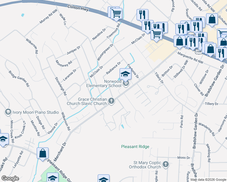 map of restaurants, bars, coffee shops, grocery stores, and more near 5404 Tiffany Lane in Knoxville
