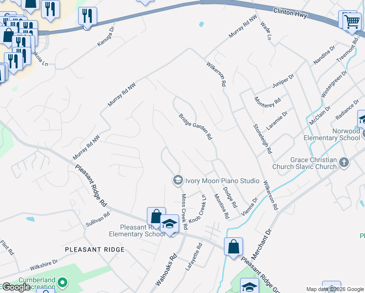 map of restaurants, bars, coffee shops, grocery stores, and more near 5935 Montina Road in Knoxville