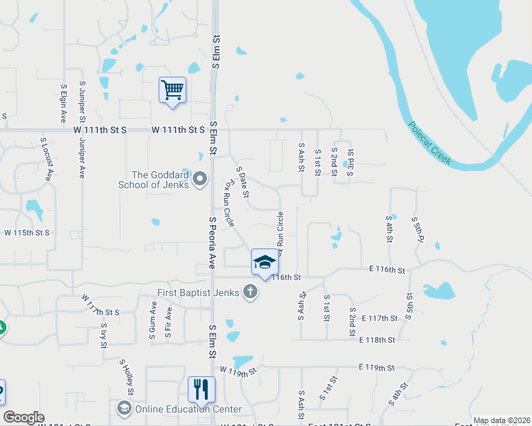 map of restaurants, bars, coffee shops, grocery stores, and more near 211 West 114th Court in Jenks
