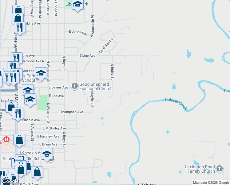 map of restaurants, bars, coffee shops, grocery stores, and more near 1707 East Lee Avenue in Sapulpa