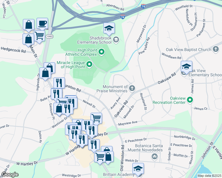 map of restaurants, bars, coffee shops, grocery stores, and more near 813 Pine Circle Drive in High Point