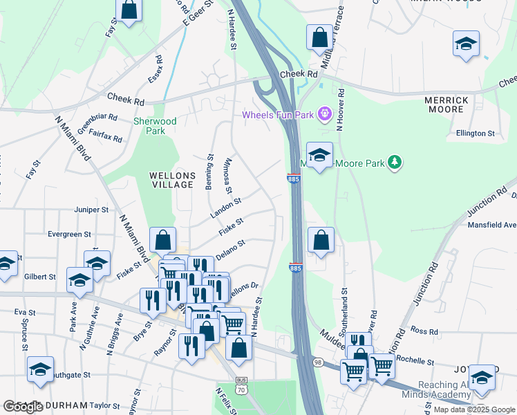 map of restaurants, bars, coffee shops, grocery stores, and more near 1157 Fiske Street in Durham