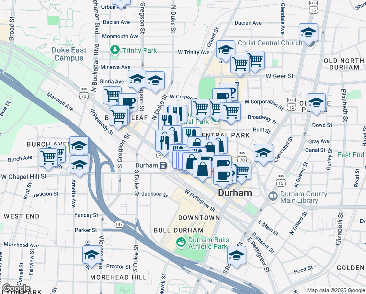 map of restaurants, bars, coffee shops, grocery stores, and more near 500 West Morgan Street in Durham
