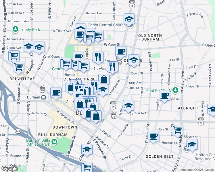 map of restaurants, bars, coffee shops, grocery stores, and more near 514 North Mangum Street in Durham
