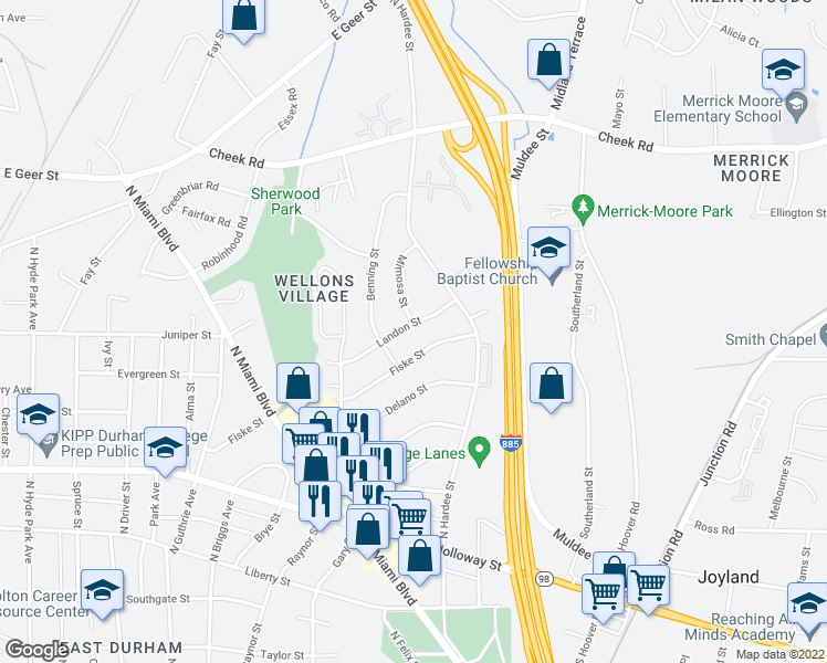 map of restaurants, bars, coffee shops, grocery stores, and more near 1212 Landon Street in Durham