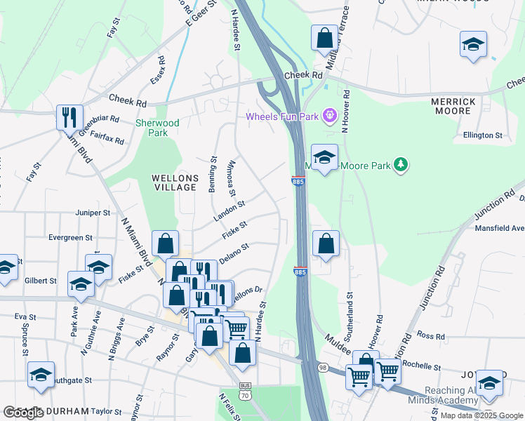 map of restaurants, bars, coffee shops, grocery stores, and more near 1157 Fiske Street in Durham