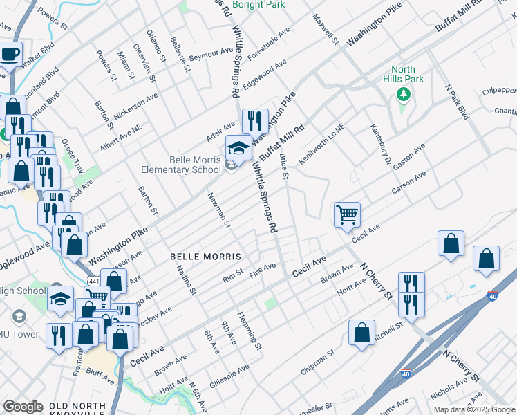 map of restaurants, bars, coffee shops, grocery stores, and more near 2314 Coker Avenue in Knoxville