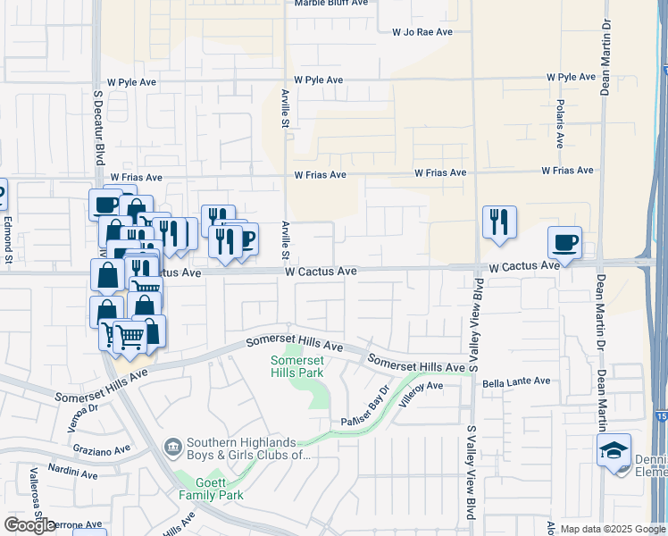 map of restaurants, bars, coffee shops, grocery stores, and more near 10201 Schirlls Street in Las Vegas