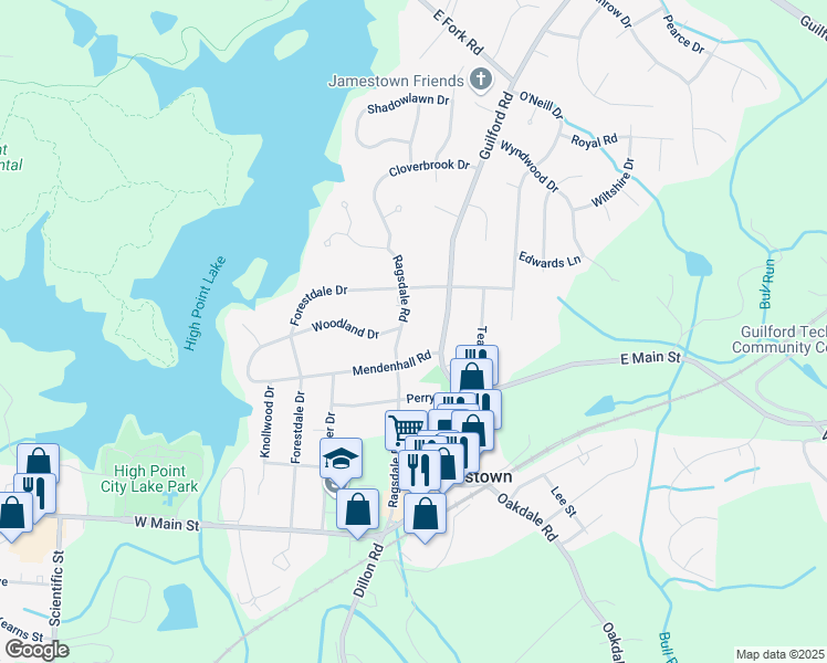 map of restaurants, bars, coffee shops, grocery stores, and more near 101 Woodland Drive in Jamestown